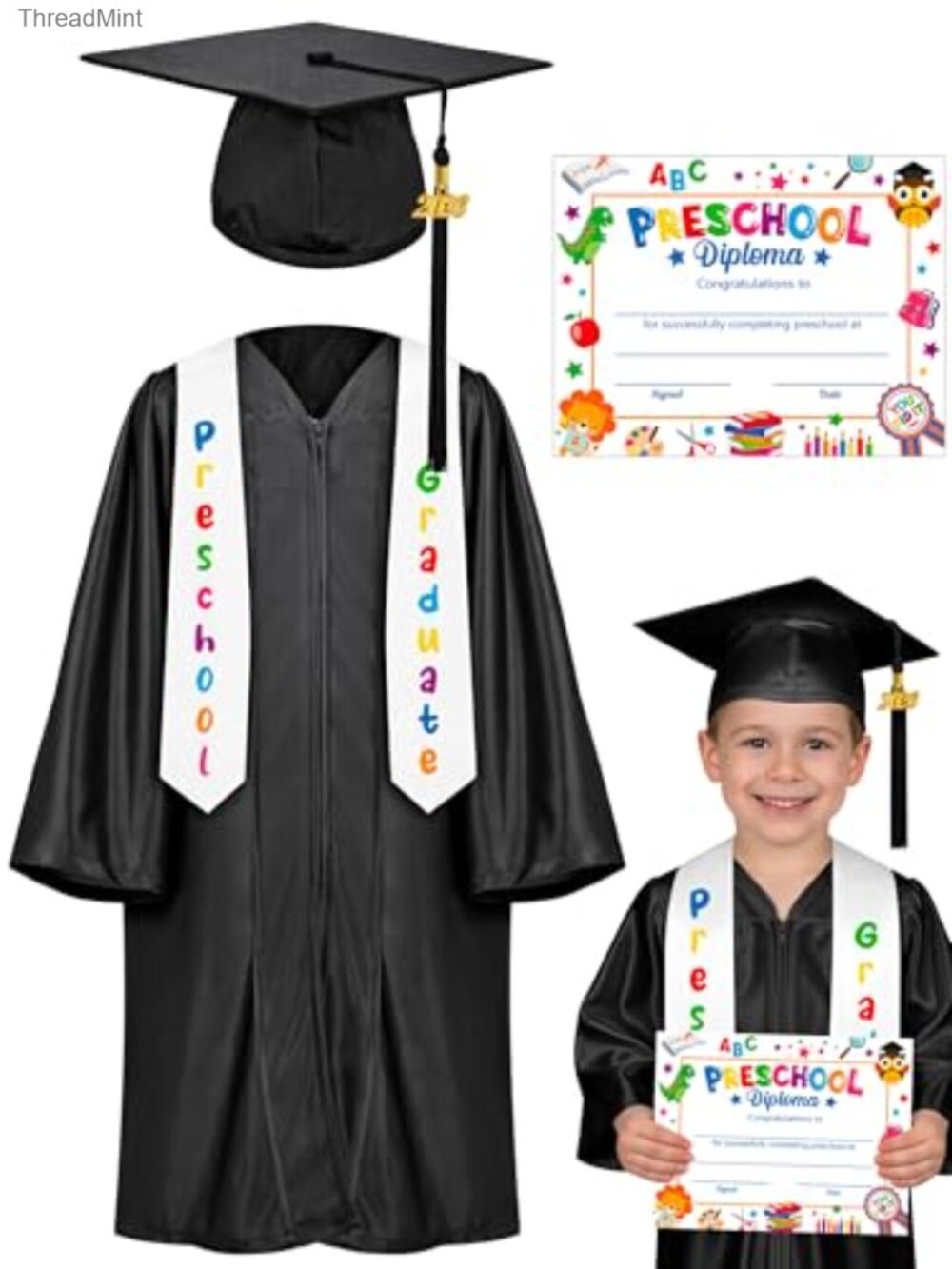 Preschool Graduation Cap & Gown Set with Tassel 2026, Stole, Certificate -